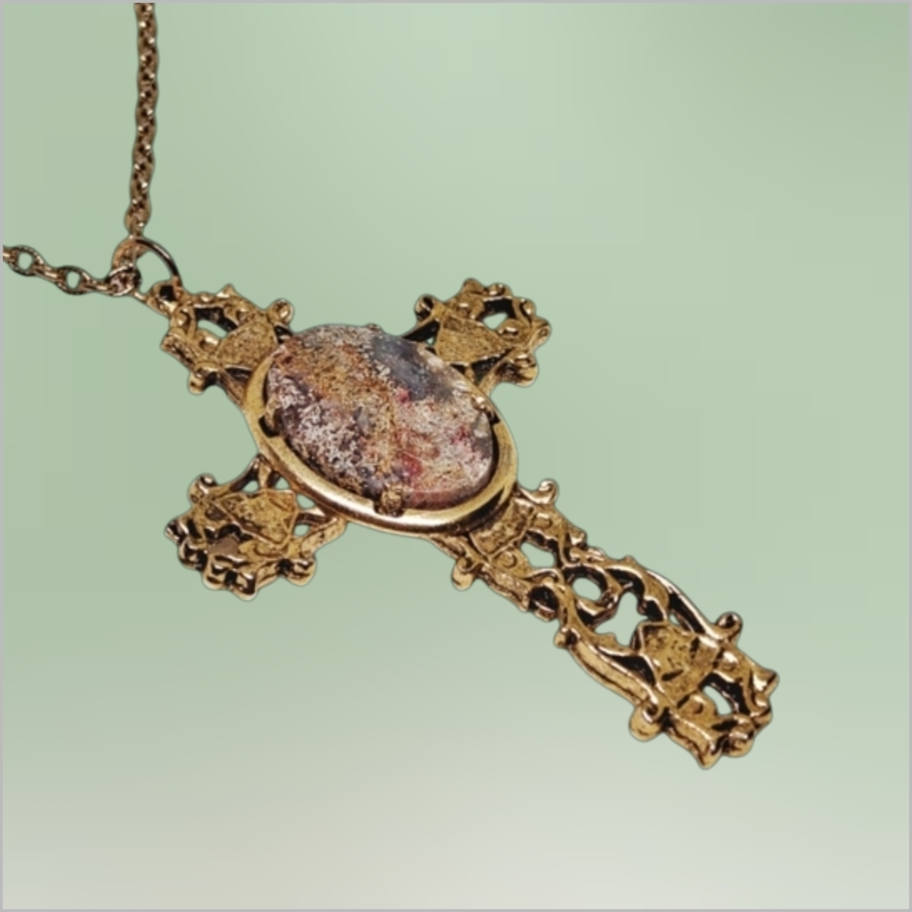 Gold-Tone Ornate Cross Necklace with Natural Stone Cabochon